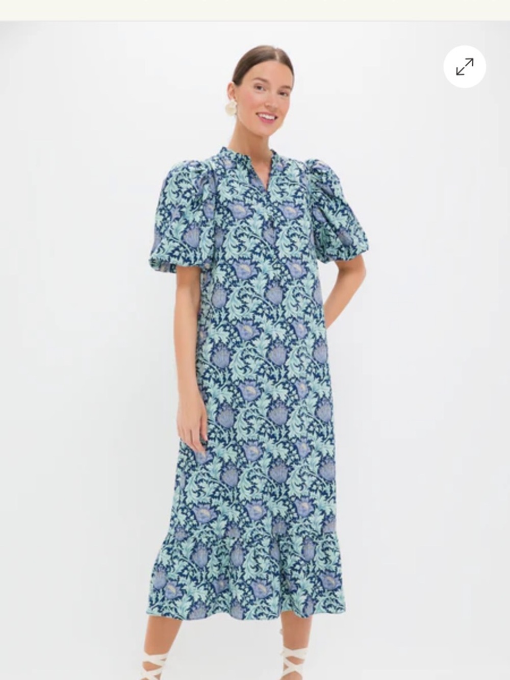 Floral Puff-Sleeve Midi Dress in Blue-Green